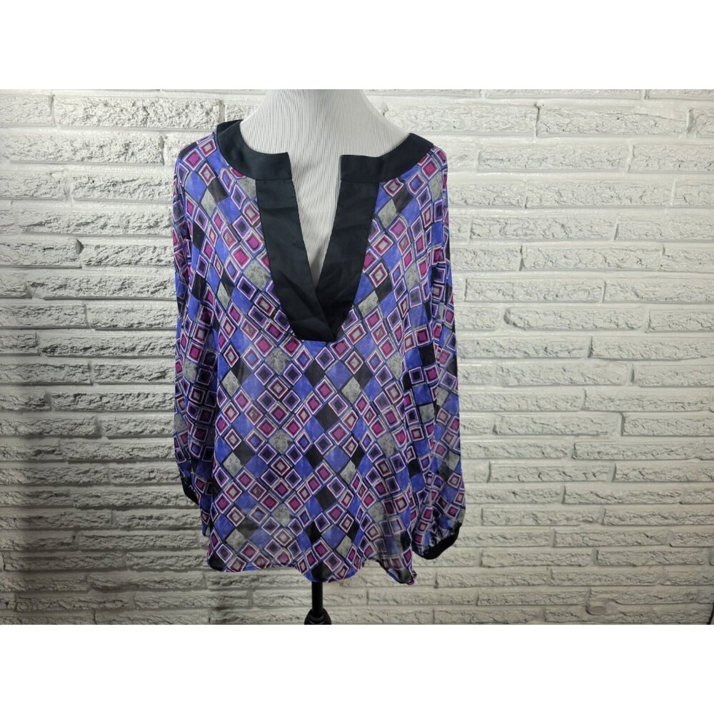 Lane Bryant Women's Plus Size 22/24 Purple Geometric V-Neck Sheer Blouse GEO49E